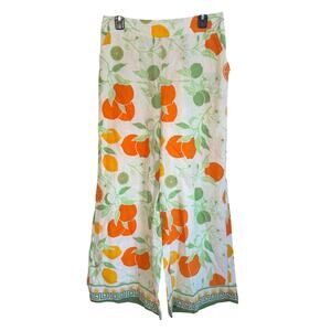 New Rachel Zoe Wide Leg Pants White Green Orange Sz M Lemon Linen Blend